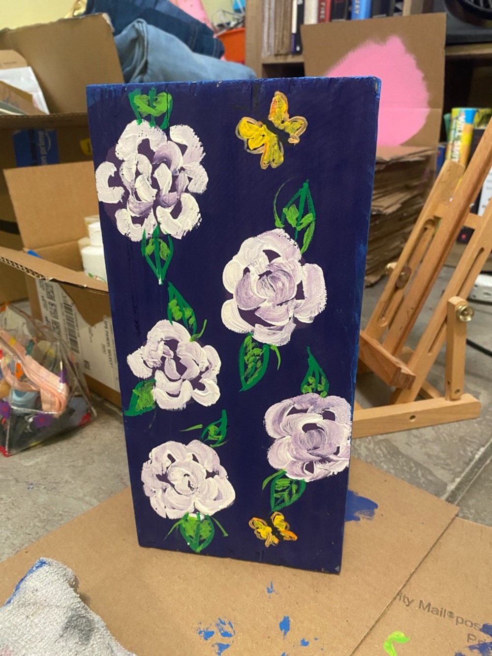 Hand-Painted Floral wood Panel in Deep Blue with Lilac Roses 6x12